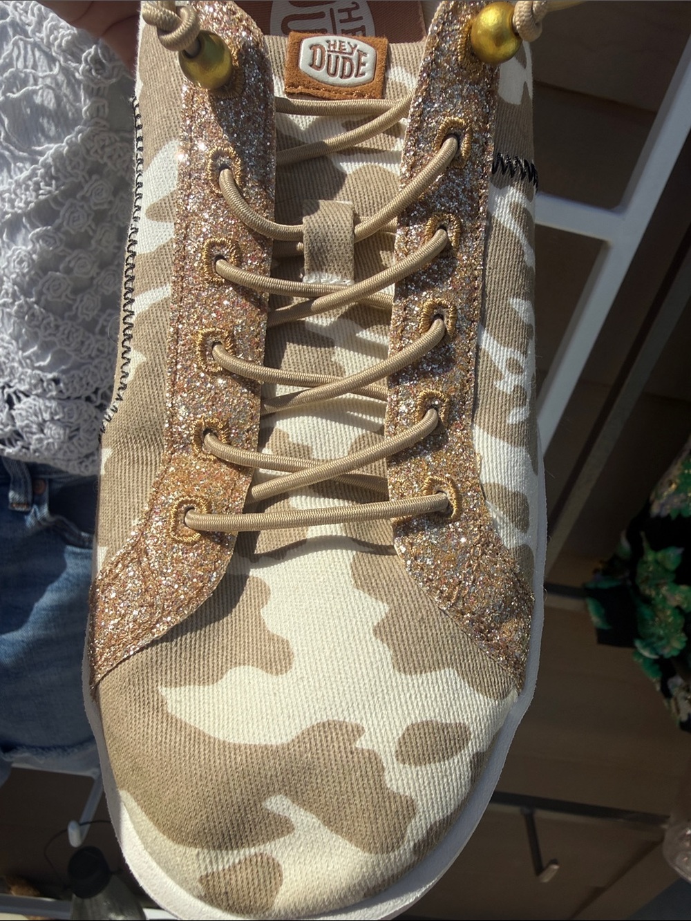 Hey Dude NEW Festival Women's Tan Beige Camo Sneakers with Gold Glitter Trim 10 - Picture 4 of 13